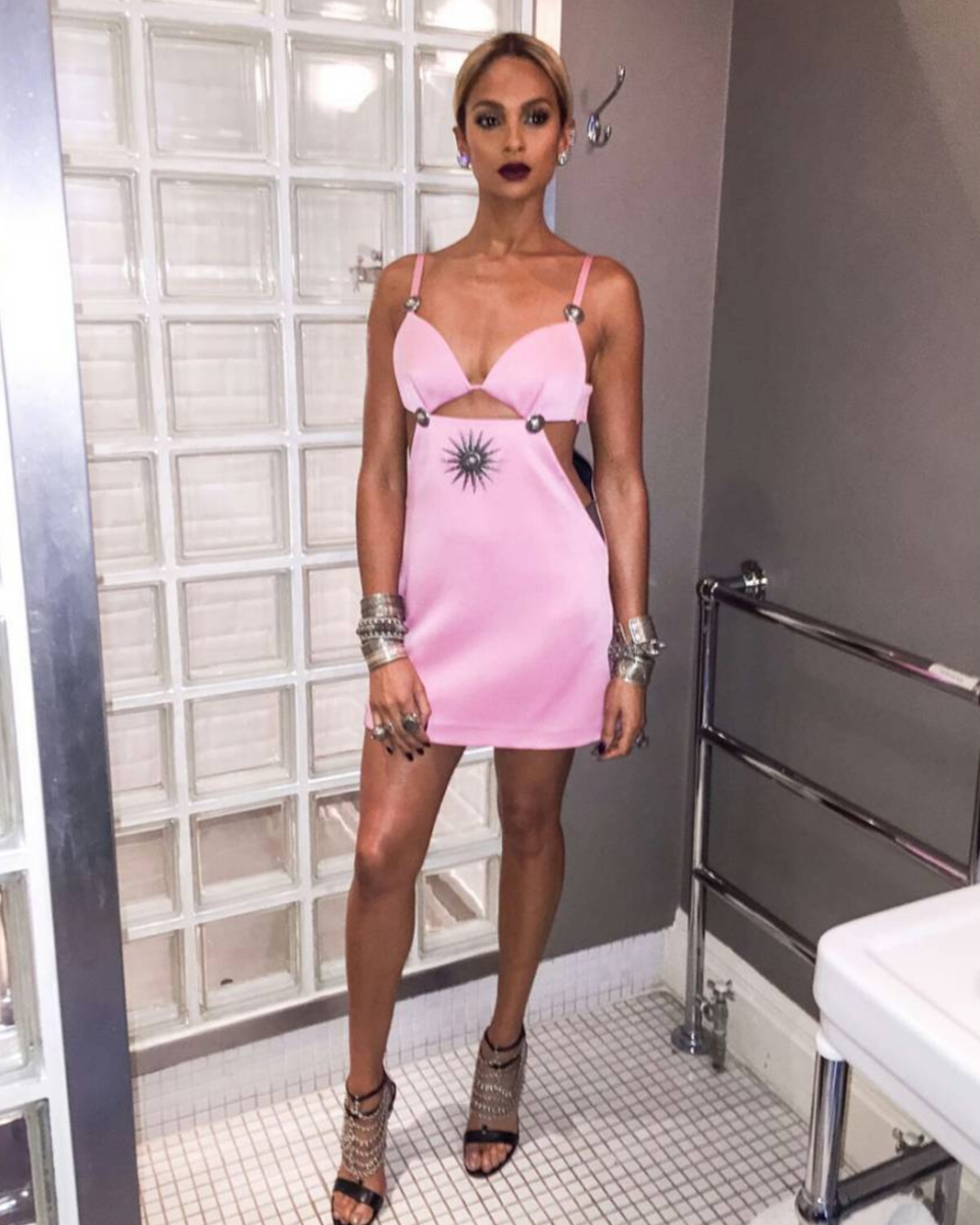 Alesha looked pretty in pink in this dress by Italian designer Fausto Puglisi.