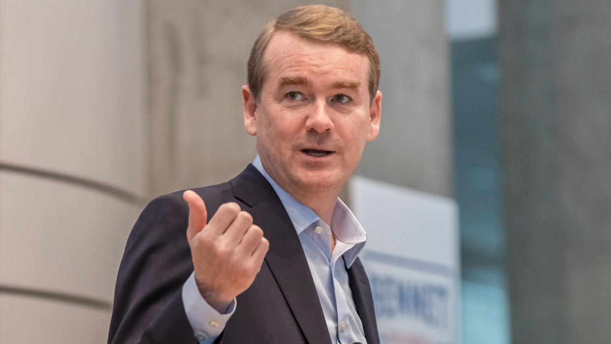 LOS ANGELES, CA - JUNE 30, 2019: Presidential hopeful Senator Michael Bennet of Colorado speaking at Skirball Center.