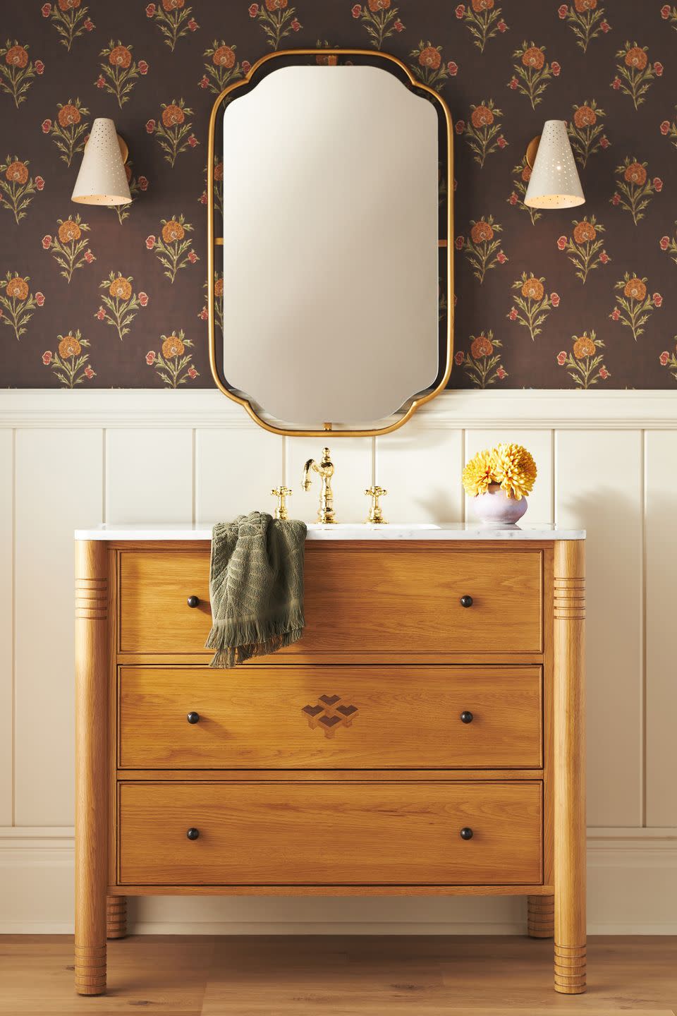 a dresser with a mirror on it