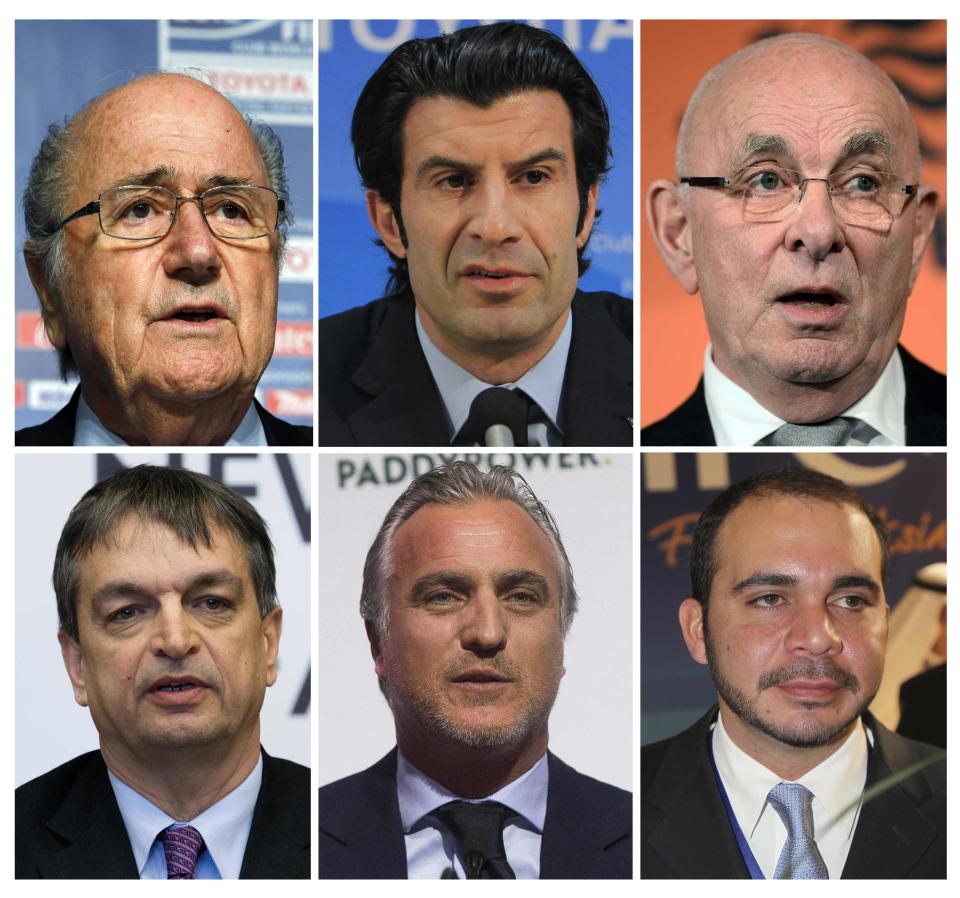 A combination of file pictures shows the candidates running for the FIFA presidency. From L-R: (top row) FIFA President Sepp Blatter, former Portuguese international soccer player Luis Figo, Dutch FA president Michael van Praag, (bottom row) former FIFA official Jerome Champagne of France, former footballer David Ginola from France and Jordan&#39;s Prince Ali bin al-Hussein. REUTERS/Staff/Files (SPORT ELECTIONS POLITICS)