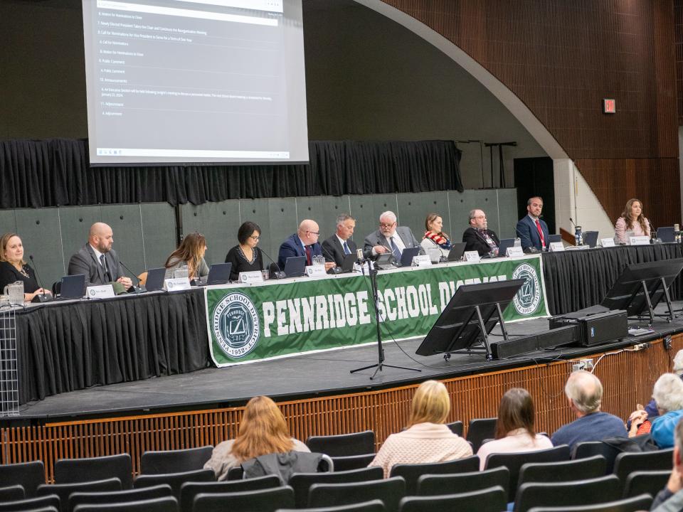 The new Pennridge School District Board of Directors is seated during the Dec. 4, 2023, reorganization meeting. The board is under Democrat control for the first time in recent memory.