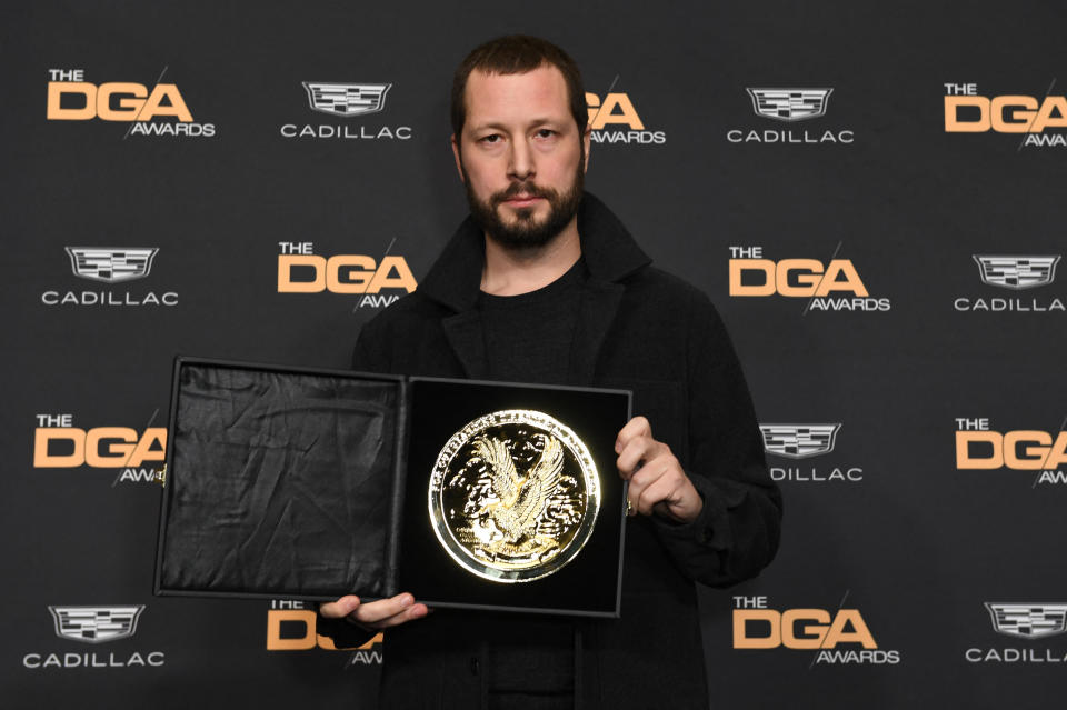 Outstanding Directorial Achievement in Documentary winner Ukranian filmmaker Mstyslav Chernov for "20 Days in Mariupol" poses in the press room during the 76th Directors Guild of America awards at the Beverly Hilton in Beverly Hills, California, February 10, 2024. 