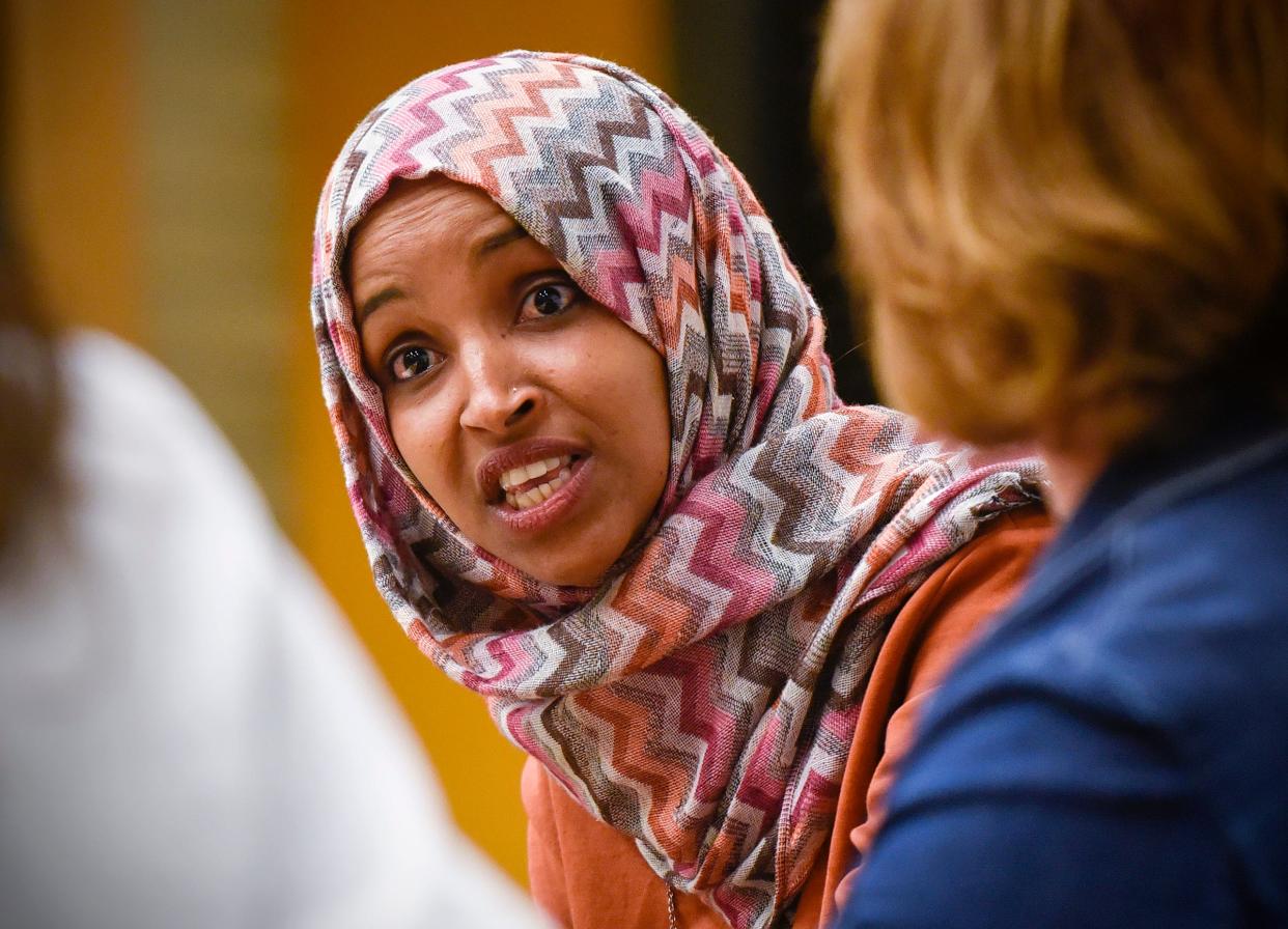 Ilhan Omar, State Rep. and DFL-endorsed candidate for congress, and Erin Murphy, State Rep. and DFL-endorsed candidate for Minnesota Governor, discuss the rise of anti-Muslim sentiment in Minnesota politics Tuesday, Oct. 9, in Brown Hall at St. Cloud State University.