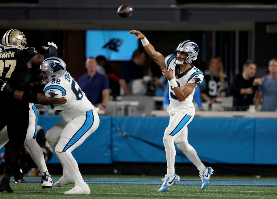 CHARLOTTE, NORTH CAROLINA - SEPTEMBER 18: Bryce Young #9 of the Carolina Panthers throws a pass against the New Orleans Saints during the first quarter in the game at Bank of America Stadium on September 18, 2023 in Charlotte, North Carolina. (Photo by Jared C. Tilton/Getty Images)