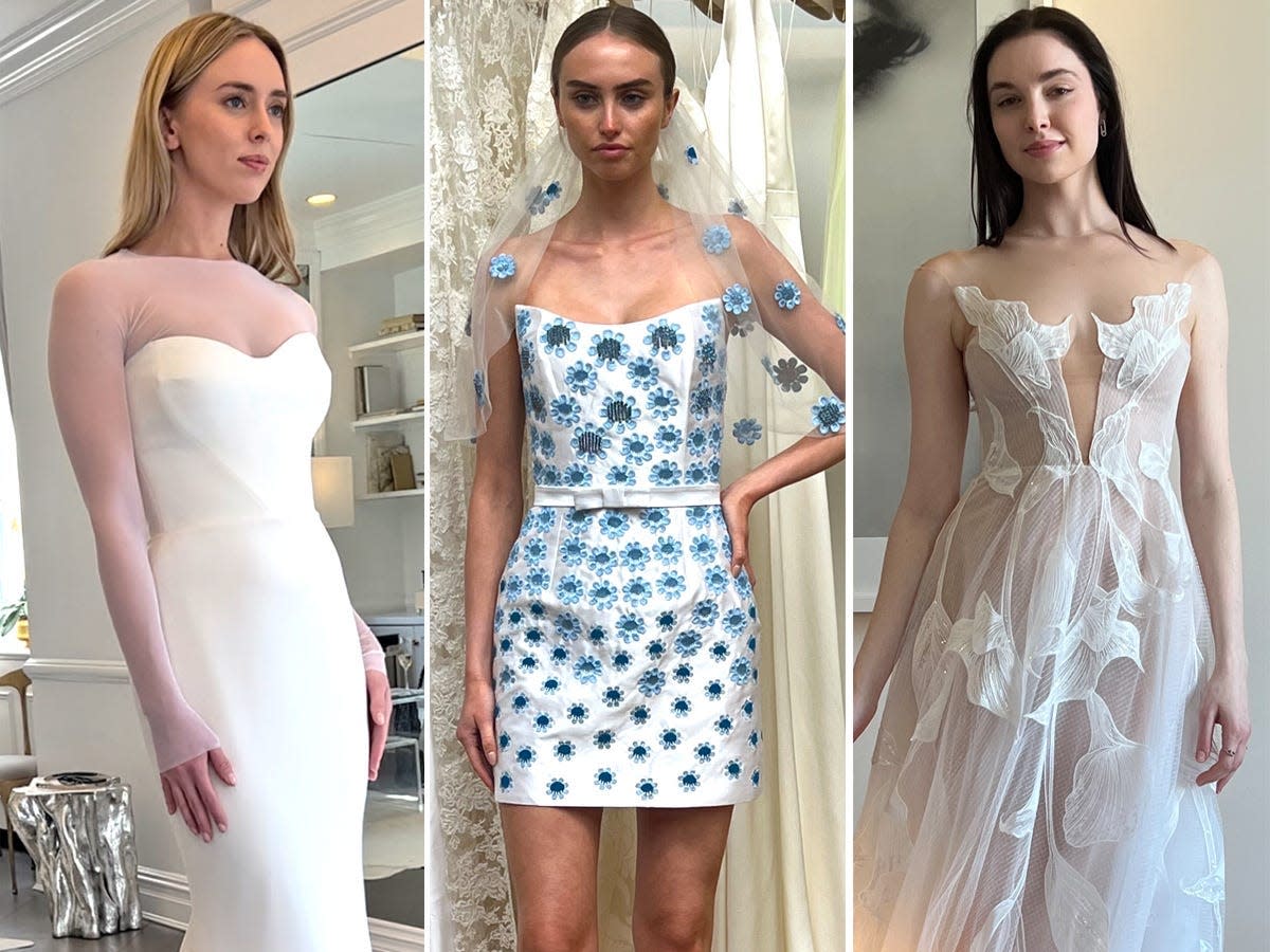 Three photos of models in wedding dresses.