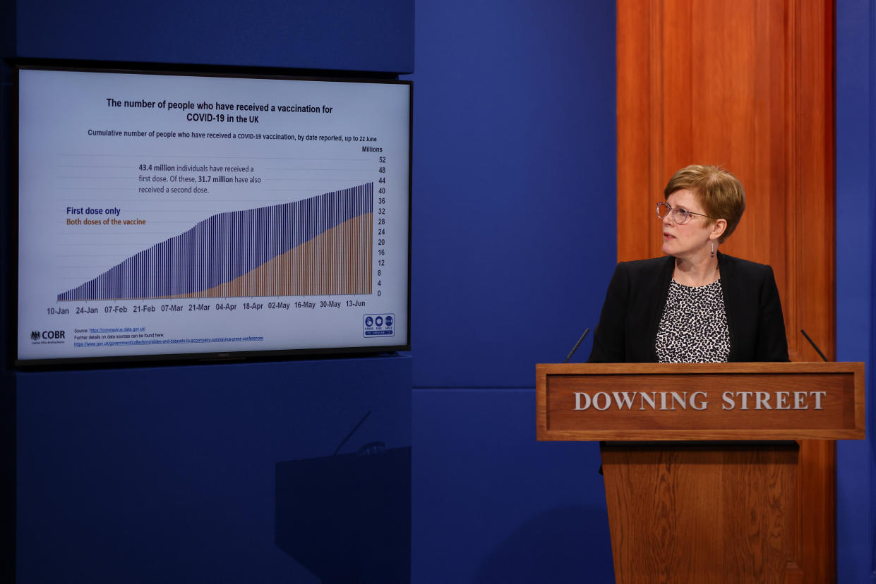 Dr Mary Ramsay praising the UK's COVID vaccine rollout at Wednesday's Downing Street press conference. (PA)