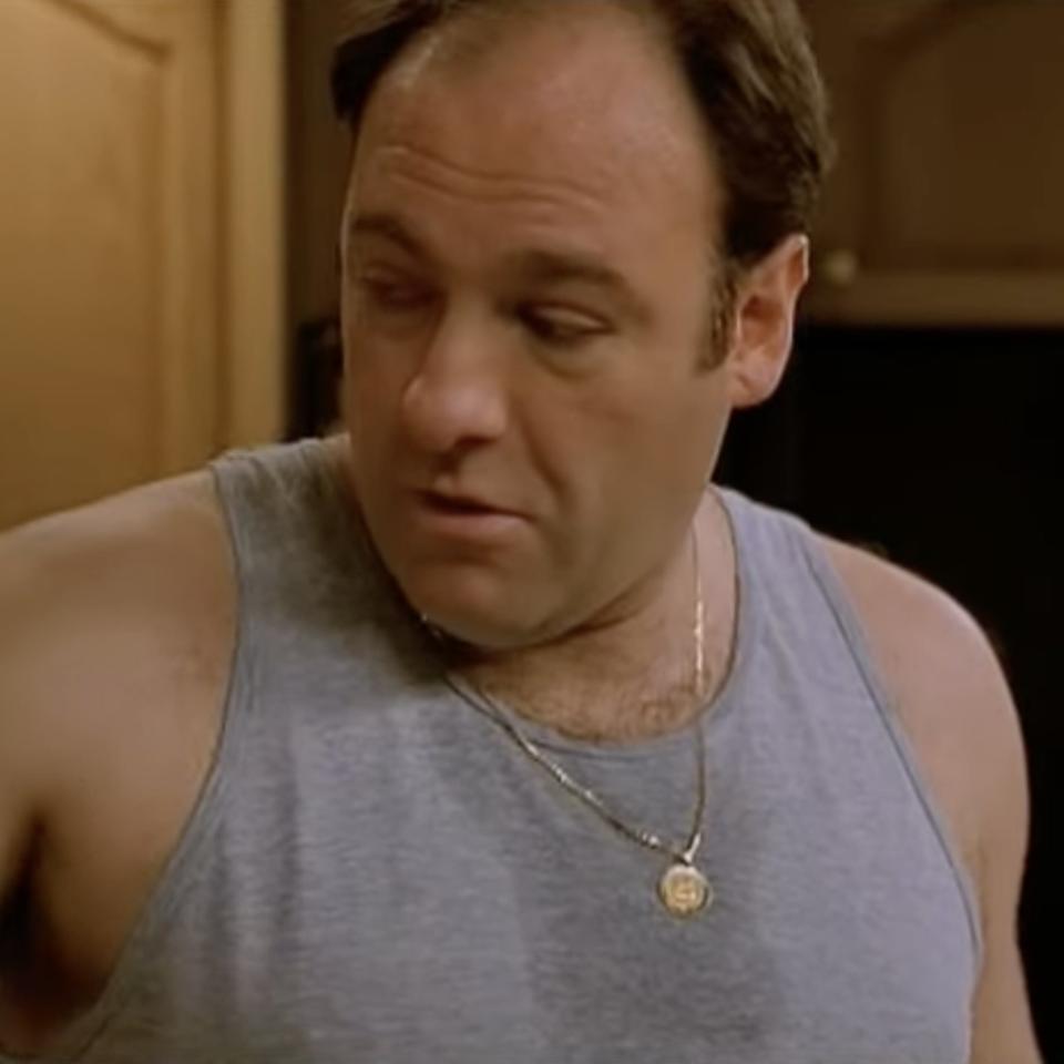James Gandolfini, in a gray tank top with a gold necklace, looks to his left in a kitchen setting