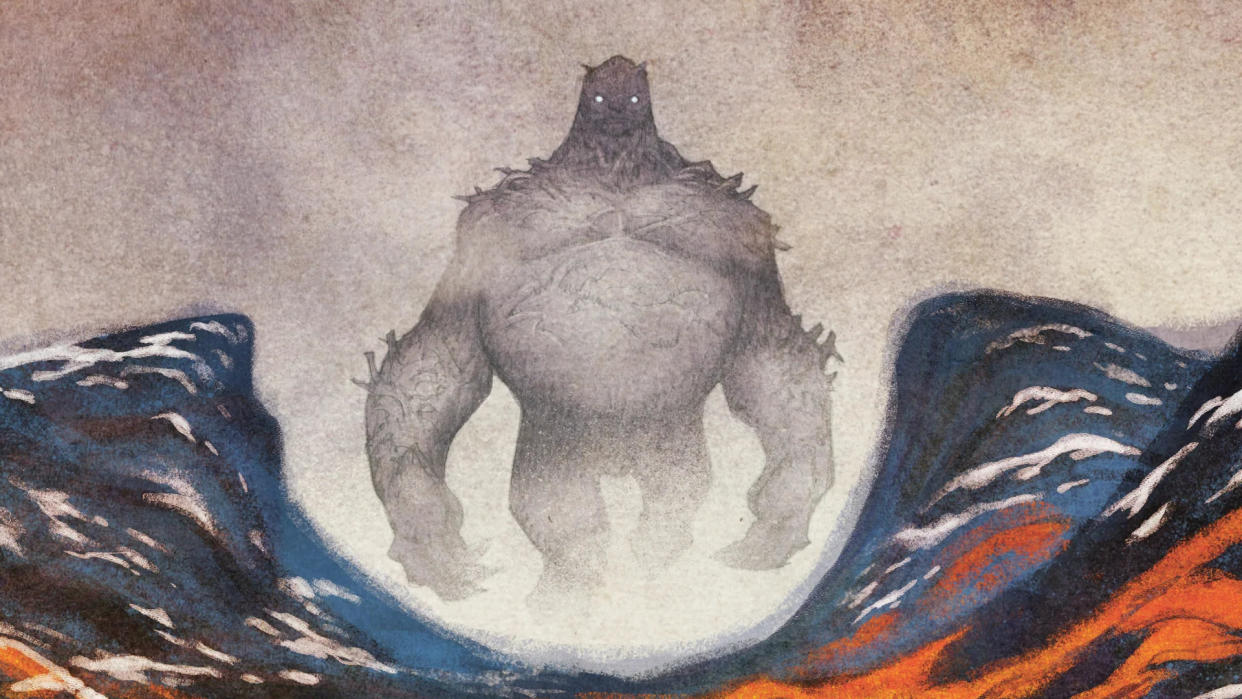  Cover artwork from Vaesen: The Lost Mountain Saga showing a giant striding between mountains 