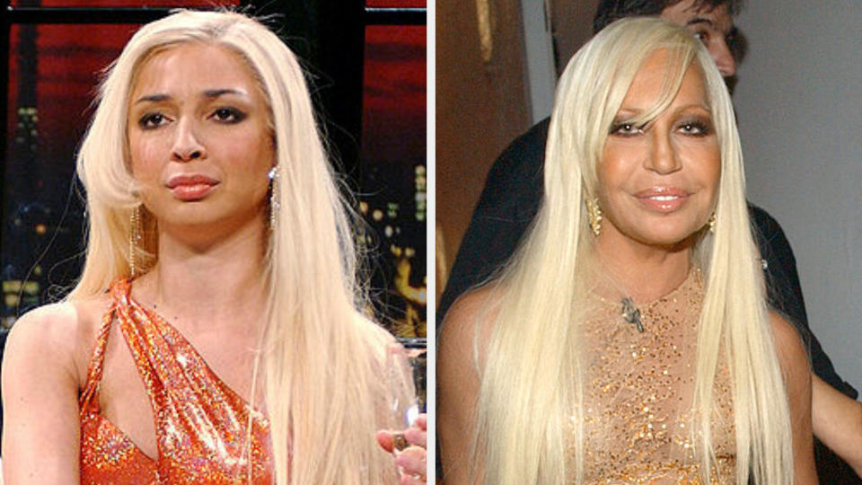 Maya Rudolph in an orange dress with a long blonde wig side by side with Donatella Versace in a similar dress with the same haircut