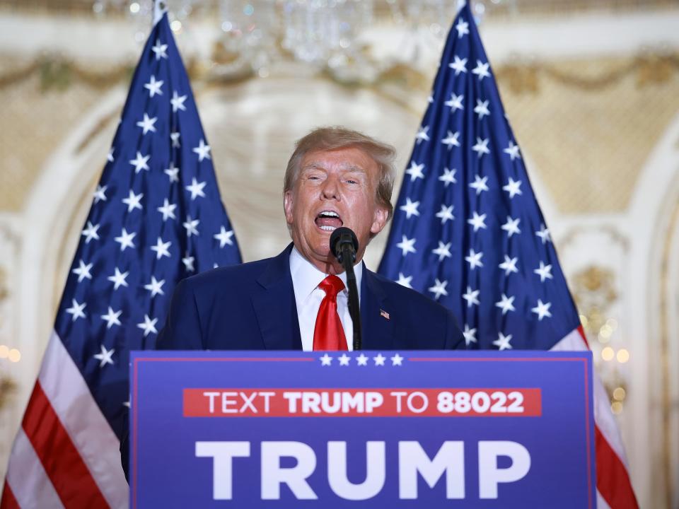 Former US President Donald Trump speaks during an event at the Mar-a-Lago Club April 4, 2023 in West Palm Beach, Florida.