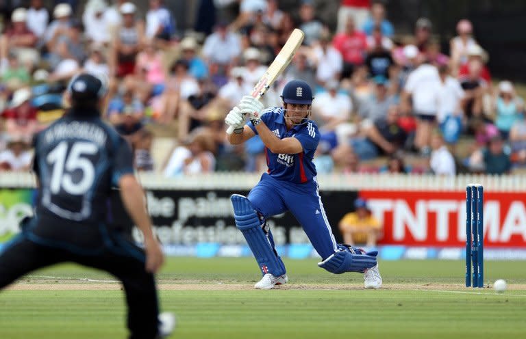 England's Alastair Cook hits a shot during the one-day international against New Zealand in Hamilton on Febuary 17, 2013. England's carefully crafted start to their innings against New Zealand in the opening ODI Sunday came unstuck in the closing stages with a dramatic collapse