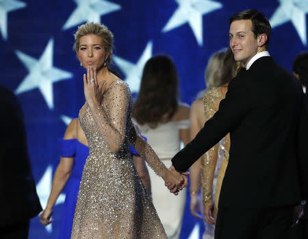 Ivanka Trump blows a kiss as she departs with her husband Jared Kushner from the Inauguration Freedom Ball in Washington, U.S., January 20, 2017. REUTERS/Lucy Nicholson