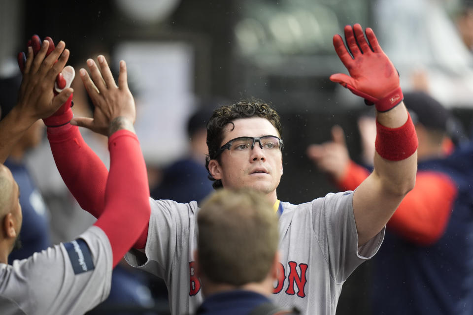 Boston Red Sox's Bobby Dalbec celebrates his home run during the fifth inning of a baseball game against the Chicago White Sox, Saturday, June 8, 2024, in Chicago. (AP Photo/Erin Hooley)