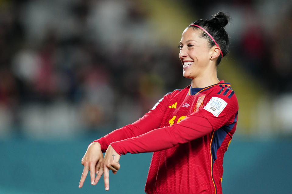 FILE - Spain's Jennifer Hermoso celebrates after scoring her side's second goal during the Women's World Cup Group C soccer match between Spain and Zambia at Eden Park in Auckland, New Zealand, Wednesday, July 26, 2023. The women’s best player award shortlist features two 2023 World Cup winners, Aitana Bonmatí and Jenni Hermoso of Spain, plus Linda Caicedo of Colombia. (AP Photo/Abbie Parr, File)