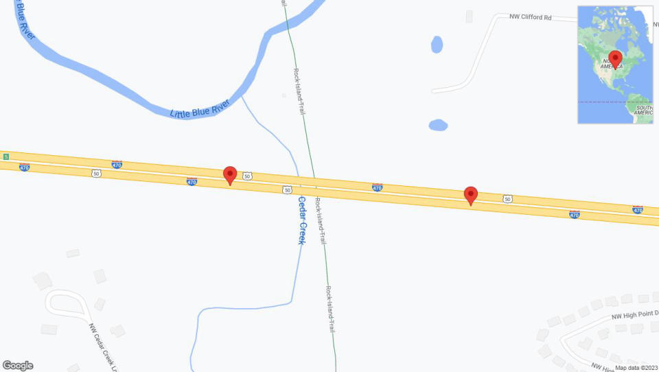 A detailed map that shows the affected road due to 'Broken down vehicle on eastbound I-470 in Lee's Summit' on December 17th at 4:25 p.m.