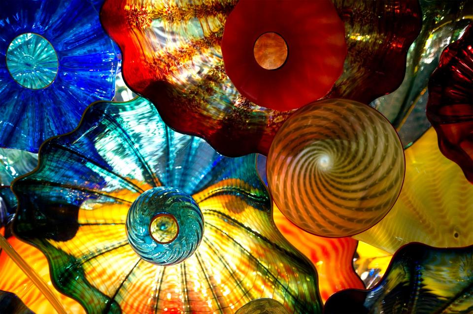 Made of over 600 pieces of glass, The Persian Sea Life Ceiling, 2003, detail, by Dale Chihuly (American b. 1941) can be seen at the Norton Museum of Art.