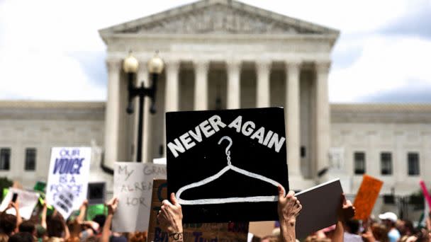 PHOTO: Abortion rights supporters protest outside the U.S. Supreme Court as the court issued its ruling in the Dobbs v Women's Health Organization abortion case, overturning the landmark Roe v Wade abortion decision in Washington, June 24, 2022. (Evelyn Hockstein/Reuters)