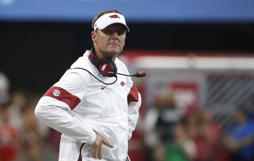 Arkansas head coach Chad Morris looks on as his team plays Texas A&M during the first half of an NCAA college football game Saturday, Sept. 28, 2019, in Arlington, Texas. Texas A&M won 31-27. (AP Photo/Ron Jenkins)