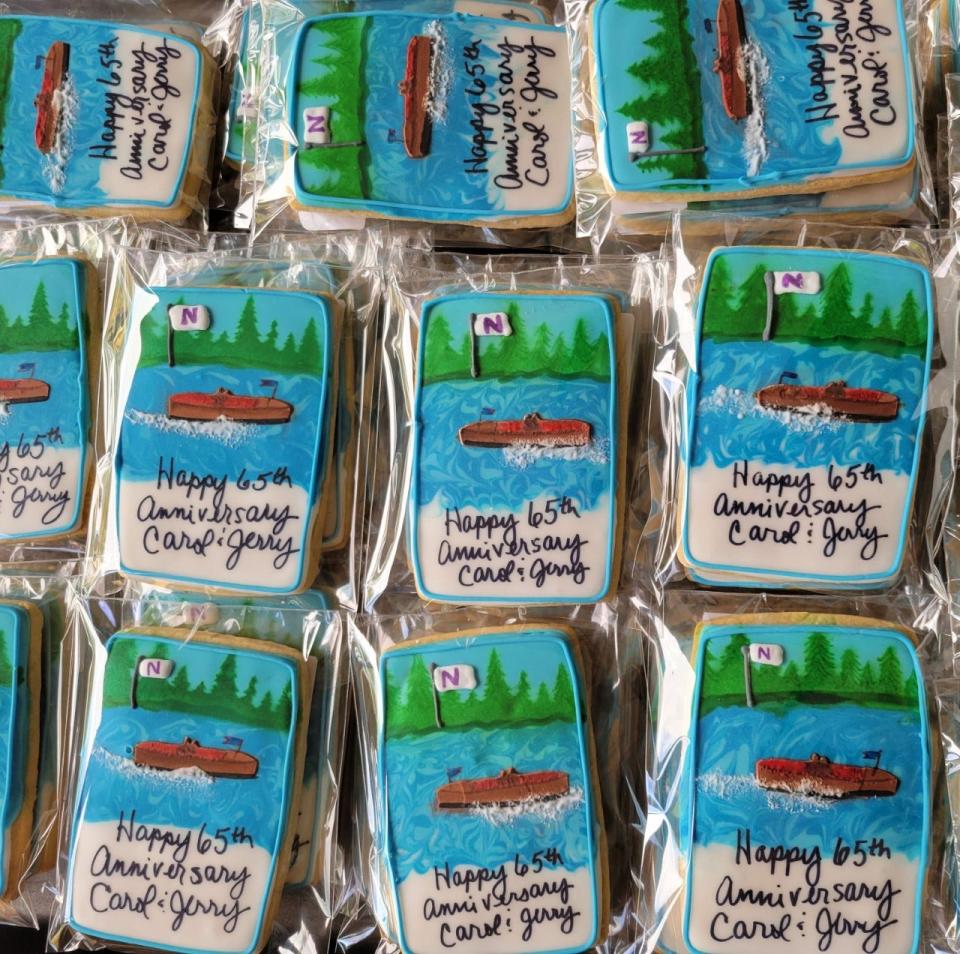 Jen Christianson, owner of Sweet Luna – Homemade Creative Cookies, designed a vintage boat cookie for a couple's 65th anniversary.  The couple has an actual vintage wooden boat in Lake Geneva.