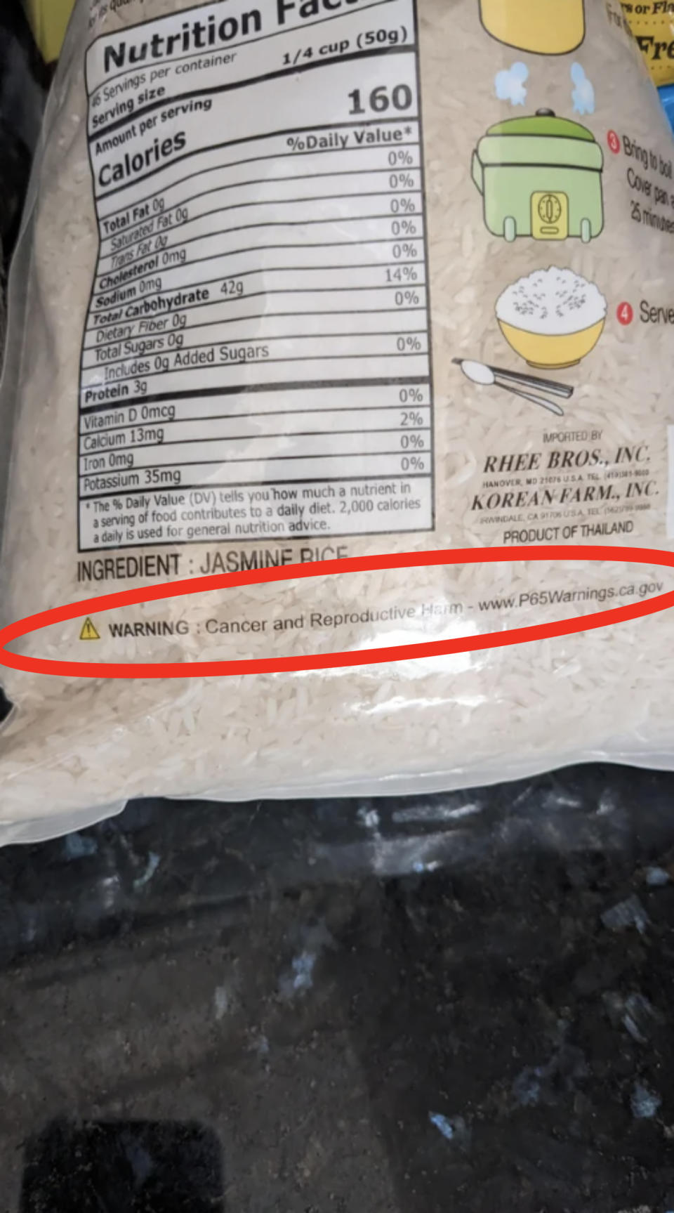 A label for jasmine rice with the warning "Cancer and Reproductive Harm - www.P65warnings.ca.gov" circled