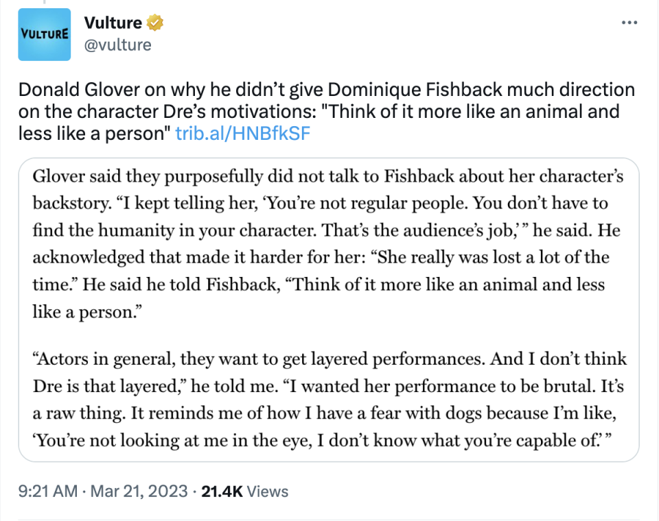 Donald Glover&#39;s comments about how he told Dominique Fishback to approach her 