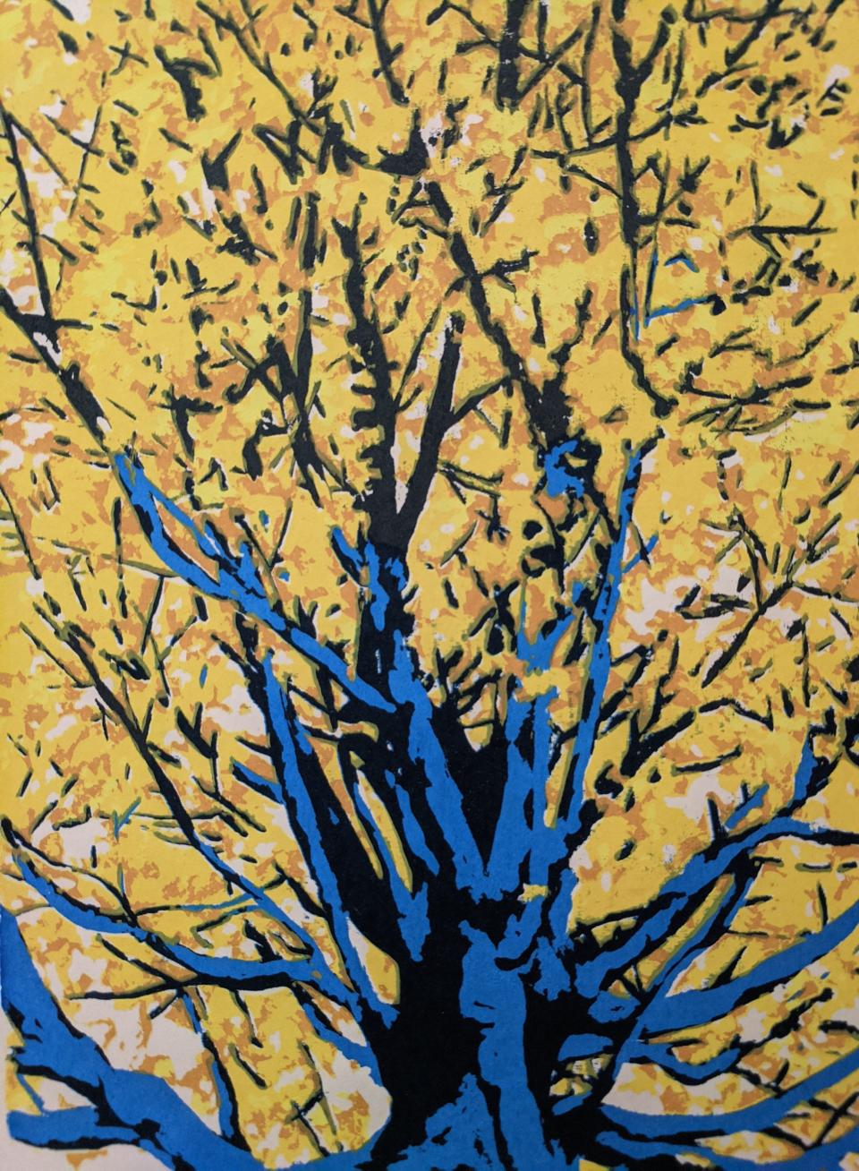 “Blue Tree,” a reduction linotype by Katy O’Gorman Rhodebeck