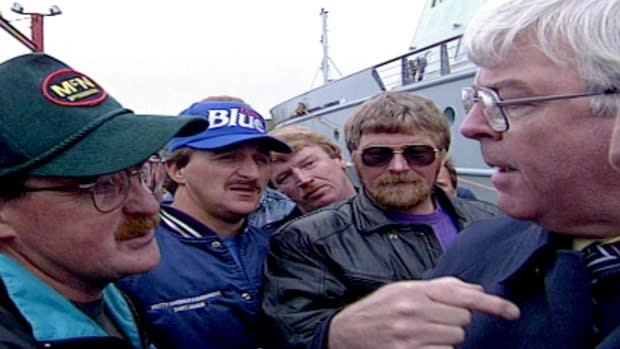 <b>4. Newfoundland and Labrador - up 3%</b><br><br> Former federal minister John Crosbie gives fishermen in Bay Bulls the what fer in 1992. Photo credit: CBC