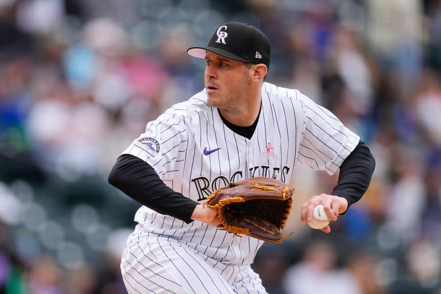 Colorado Rockies starting pitcher Ty Blach works against the Texas Rangers in the first inning of a baseball game Sunday, May 12, 2024, in Denver. (AP Photo/David Zalubowski)