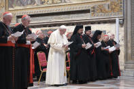 Pope Francis attends a penitential liturgy at the Vatican, Saturday, Feb. 23, 2019. The pontiff is hosting a four-day summit on preventing clergy sexual abuse, a high-stakes meeting designed to impress on Catholic bishops around the world that the problem is global and that there are consequences if they cover it up (Vincenzo Pinto/Pool Photo Via AP)