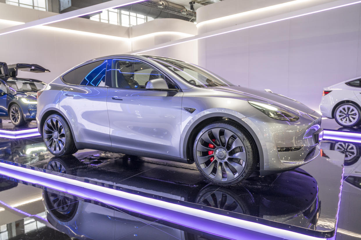 Tesla Model Y full electric crossover SUV on dsipaly at Brussels Expo on January 13, 2023 in Brussels, Belgium. (Photo by Sjoerd van der Wal/Getty Images)