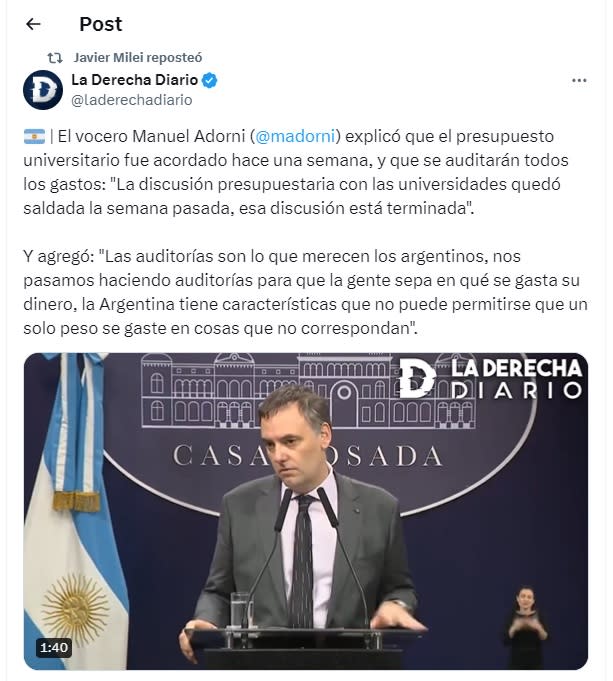 El Presidente también reposteó parte de la conferencia de Manuel Adorni