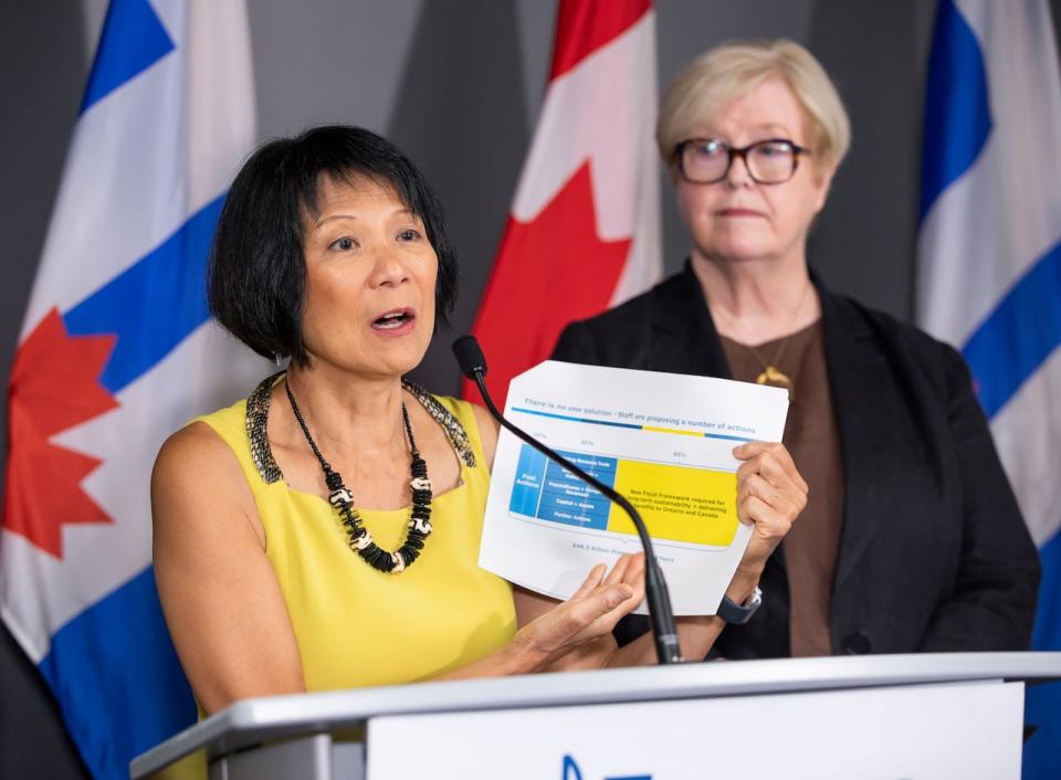 Toronto Mayor Olivia Chow says that even if the city were to adopt all of the revenue tools outlined by staff, they still would not generate enough money to make up for projected budget shortfalls in the long term. After her news conference, council approved several measures to deal with the city's financial situation. (Michael Wilson/CBC - image credit)