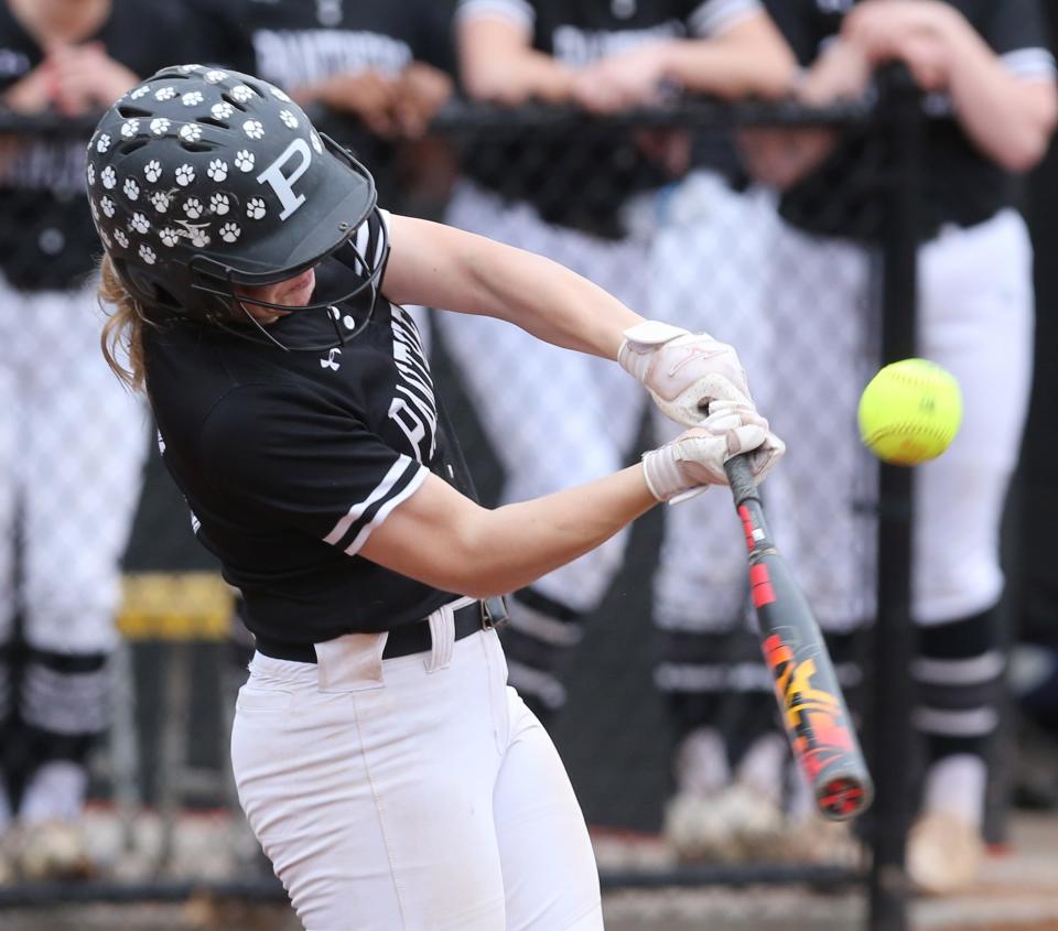 Delaney Ellis of Perry makes contract with the ball during their game against Green at Perry on Wednesday, March 30, 2022.