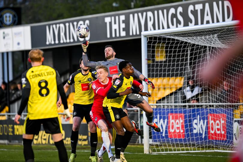 Action from the match between Harrogate Town and Grimsby Town on April 9, 2024