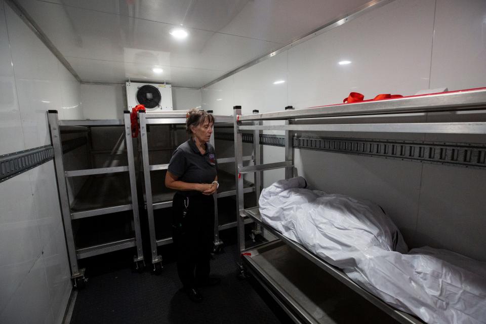 Laura Mae Williams has investigated dozens of migrant deaths in the desert in 2023. In some cases, the migrants were housed temporarily in this portable morgue in Las Cruces, New Mexico.