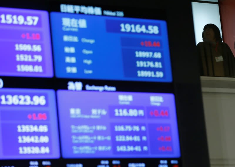 A stock quotation board displaying Japan's Nikkei average is seen before a ceremony marking the end of trading in 2016 at the Tokyo Stock Exchange (TSE) in Tokyo, Japan December 30, 2016. REUTERS/Toru Hanai