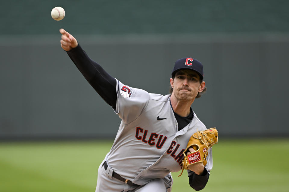 Cleveland Guardians starting pitcher Shane Bieber throws during the first inning of a baseball game against the Kansas City Royals, Thursday, April 7, 2022 in Kansas City, Mo. (AP Photo/Reed Hoffmann)