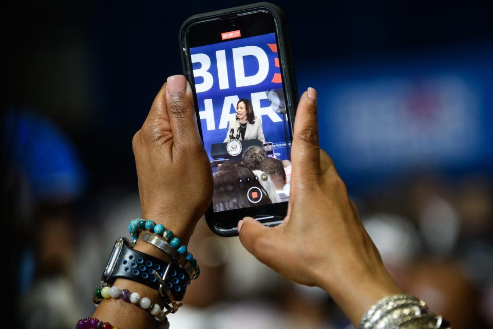 Vice President Kamala Harris speaks during a campaign stop in Fayetteville at Westover High School on Thursday, July 18, 2024.