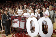 FILE - Stanford celebrates head coach Tara VanDerveer's, at left, 1,000th career coaching win after an NCAA college basketball game against Southern California Friday, Feb. 3, 2017, in Stanford, Calif. VanDerveer, the winningest basketball coach in NCAA history, announced her retirement Tuesday night, April 9, 2024, after 38 seasons leading the Stanford women’s team and 45 years overall. (AP Photo/Marcio Jose Sanchez, File)