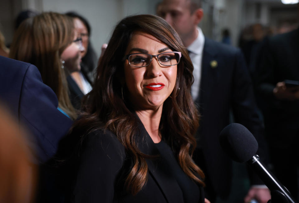  U.S. Rep. Lauren Boebert (R-CO) leaves a House Republican caucus meeting where the conference met to vote on a Speaker of House nominee in the Longworth House Office Building on October 11, 2023 in Washington, DC.  / Credit: Joe Raedle / Getty Images