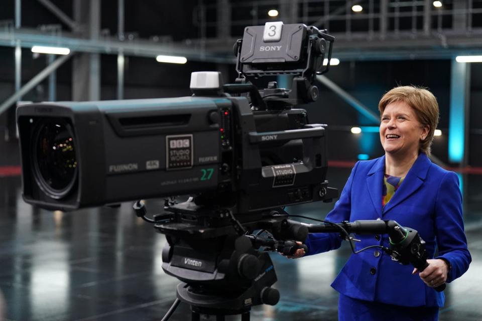 30 January 2023: First Minister Nicola Sturgeon using a camera during her visit to BBC Studioworks in Glasgow (PA)