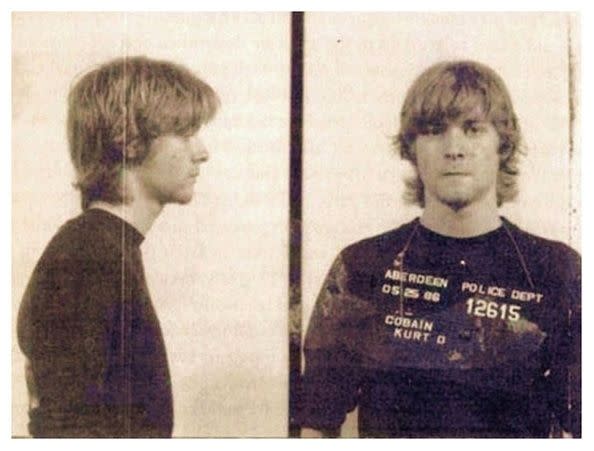 <p>Kurt Cobain's mug shot after being arrested by Aberdeen, Washington police in May 1986. He was taken into custody for spray painting vehicles.</p>