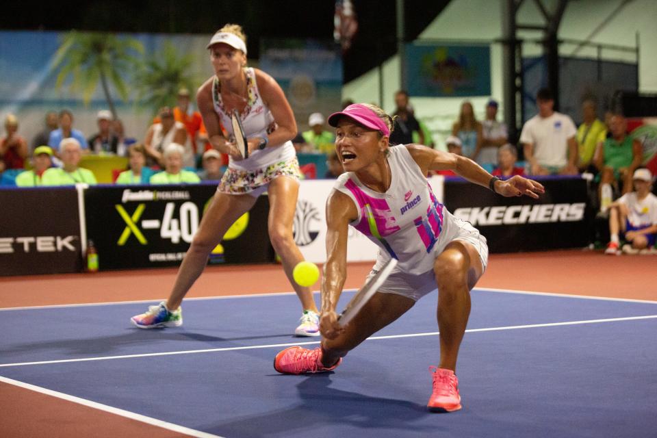 Simone Jardim hits the ball during the U.S. Open Pickleball Championships pro doubles final at East Naples Community Park on Saturday, April 24, 2021.