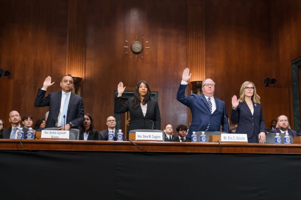 Nominees for federal judgeships, from left, Sanket Jayshukh Bulsara of New York, Dena Coggins of California, and Eric Schulte and Camela Theeler of South Dakota participate in a hearing March 6, 2024, in Washington, D.C. (Courtesy of U.S. Senate Judiciary Committee)