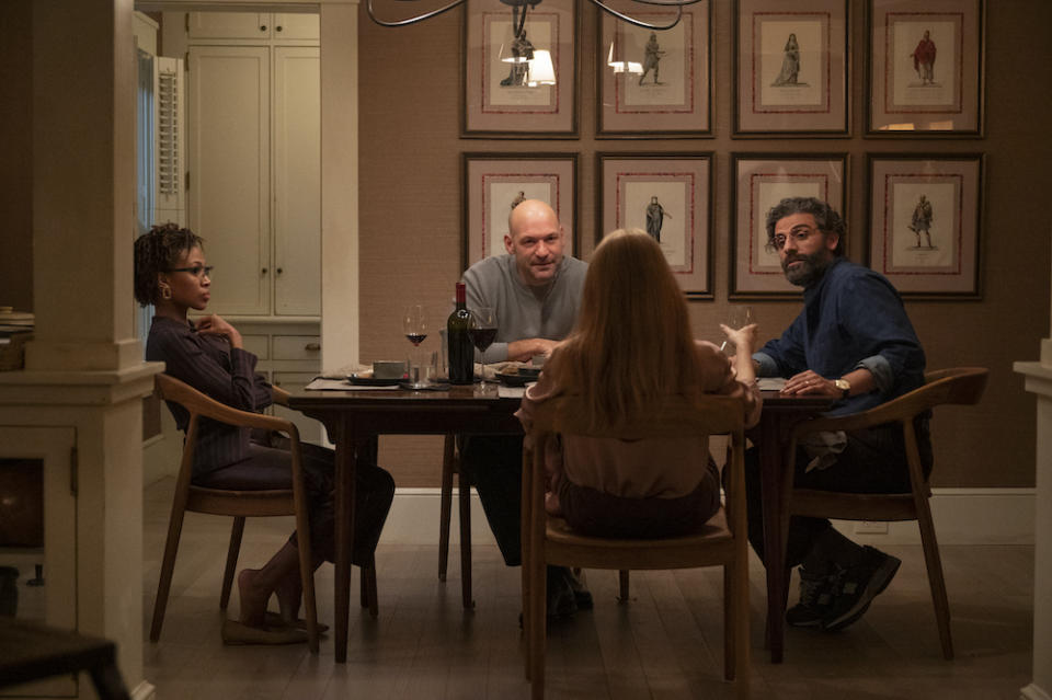 Friends (Nicole Beharie and Corey Stoll) join Jonathan (Oscar Isaac) and Mira (Jessica Chastain) for dinner in Scenes From A Marriage. (Still: HBO)