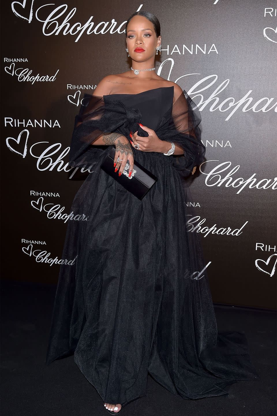 <p>In a black gown and Chopard jewels at the Rihanna X Chopard dinner in Cannes.</p>