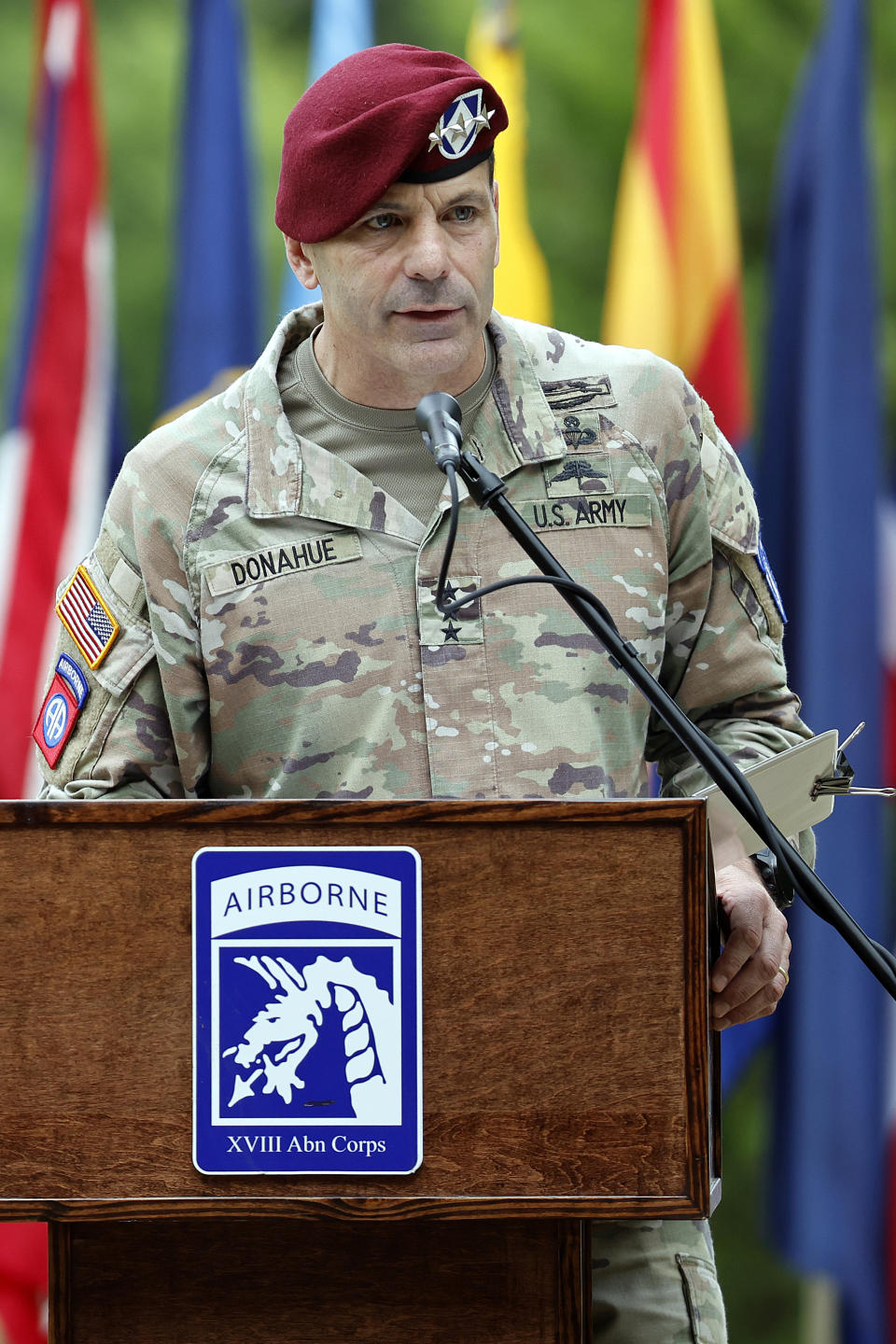 Lt. Gen. Christopher T. Donahue speaks as a part of the ceremony to rename Fort Bragg during a ceremony Friday, June 2, 2023, in Fort Liberty, N.C. The U.S. Army changed Fort Bragg to Fort Liberty as part of a broader initiative to remove Confederate names from bases. (AP Photo/Karl B DeBlaker)