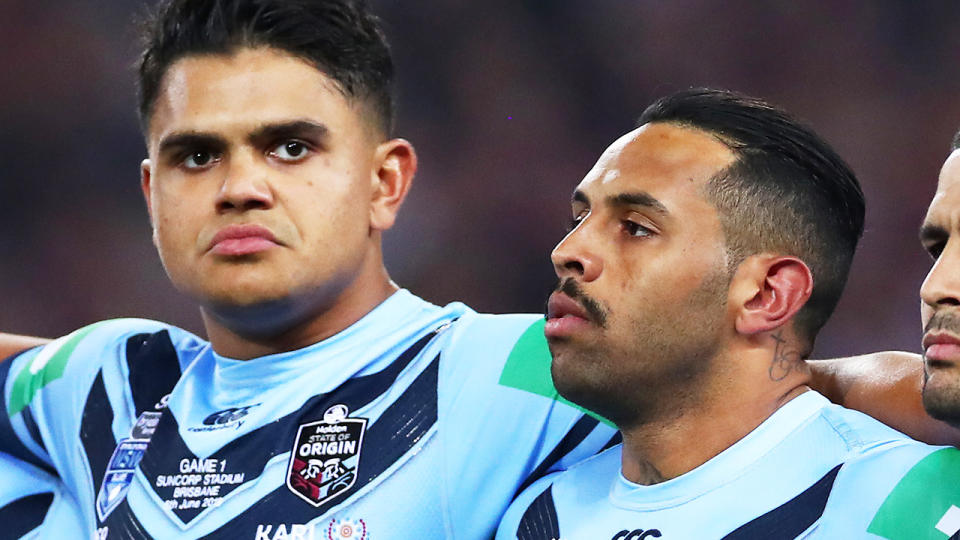 Latrell Mitchell and Josh-Addo Carr during the State of Origin series. (Photo by Cameron Spencer/Getty Images)