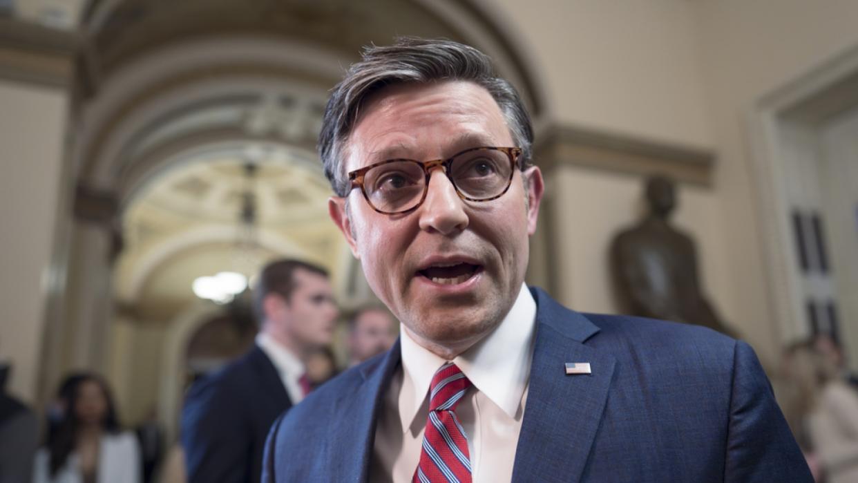 Speaker of the House Mike Johnson, R-La., talks to reporters at the Capitol in Washington, April 19, 2024.