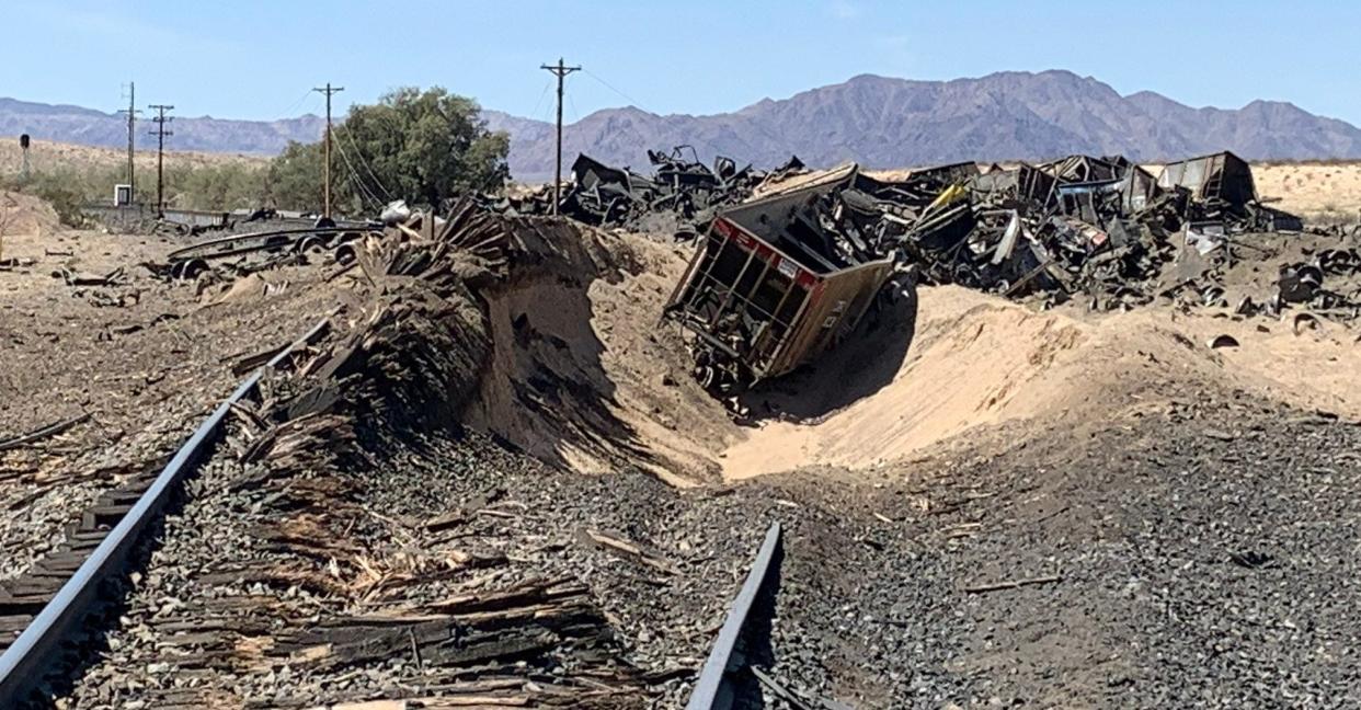 San Bernardino County Fire officials on Monday morning responded to a Union Pacific train derailment near Kelso Depot in the Mojave National Preserve east of Barstow.
